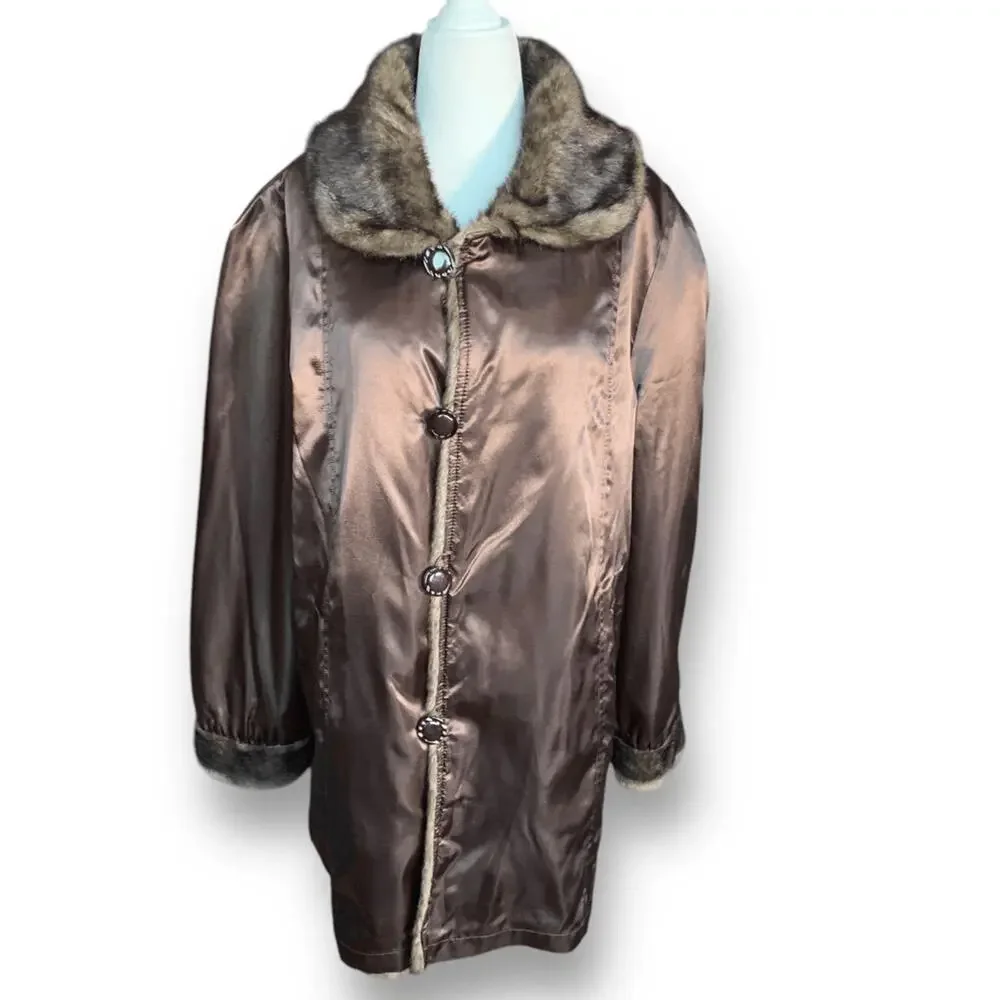 Vintage Reversible Brown Faux Fur Coat Satin Lining‎ Button Front Large Winter